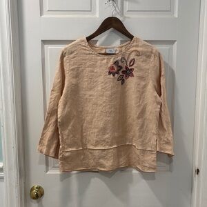 Hot Cotton 100% Linen Embroidered Top Beige Size Medium Casual Resortwear Beach